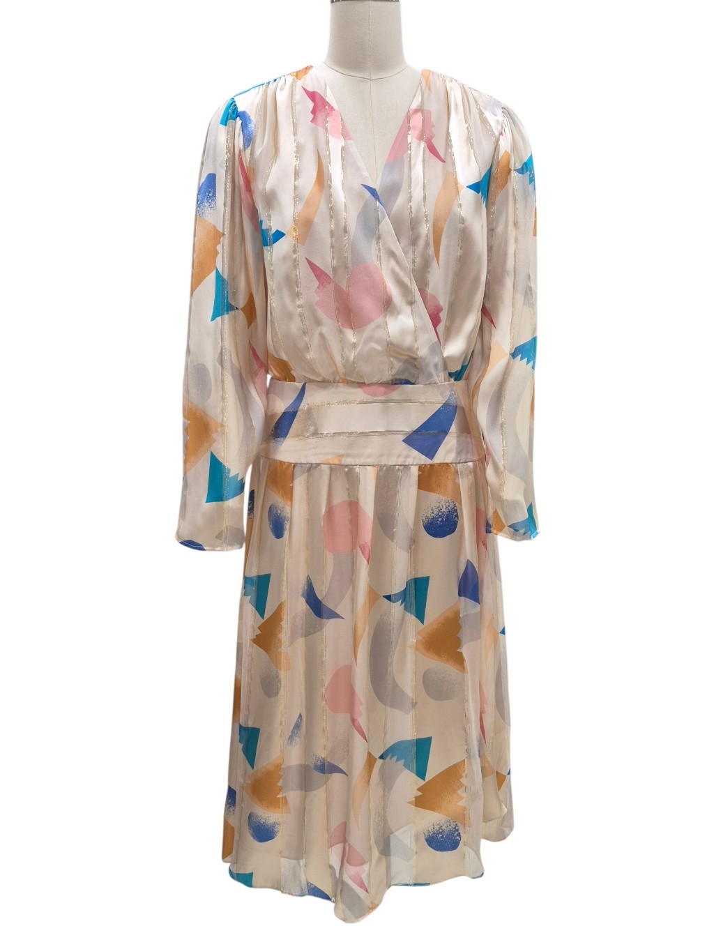 Reiss Melody Silk Dress Women's 10 Peachy Cream Faux Wrap Gold Metallic Stripes